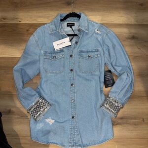 Retrofit Light Wash Denim Shirt with Embellished Cuffs